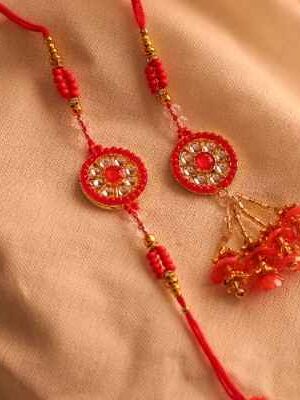 Elegant Red Crystal Bhaiya Bhabhi Rakhi Pair
